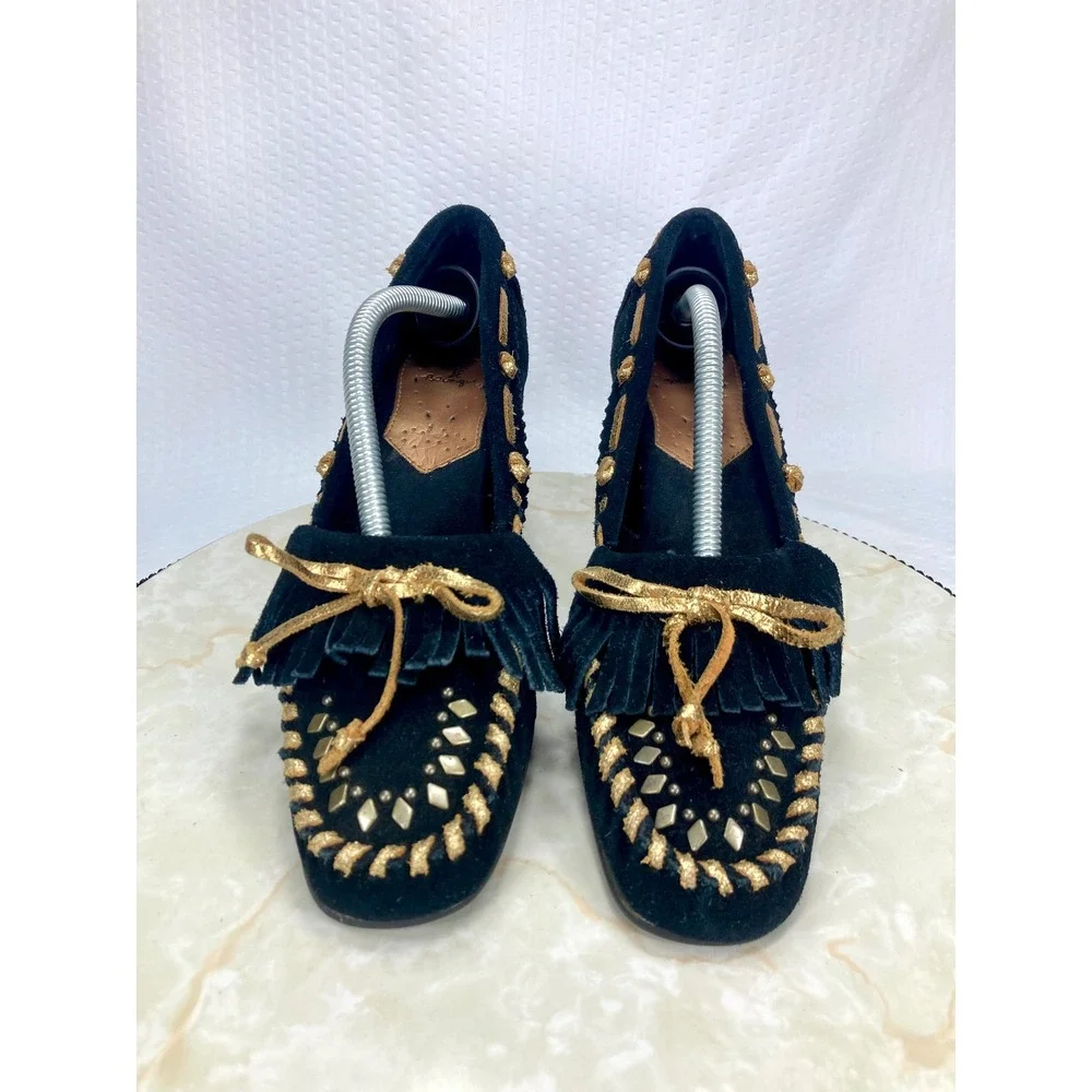 Sam Edelman Studded Fringe Moccasin Wedge Heels Womens 7.5 Black Leather Western